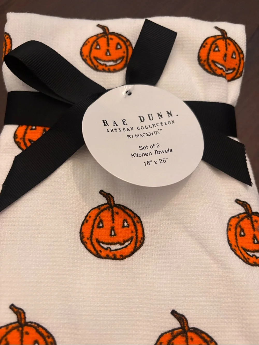Rae Dunn Trick or Treat Pumpkin Kitchen Towel Set of 2 NWT